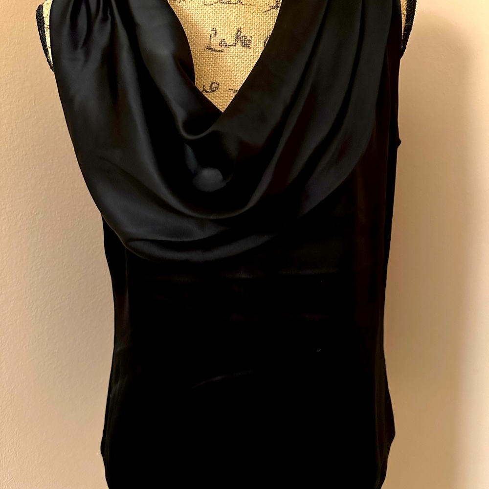Black dutchess satin St John cowl neck sleeveless blouse with zipper back.